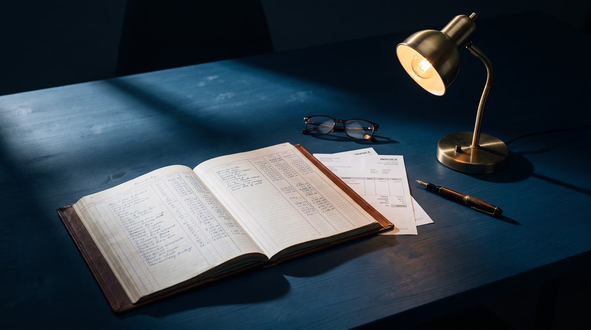Un registro contabile aperto su una scrivania